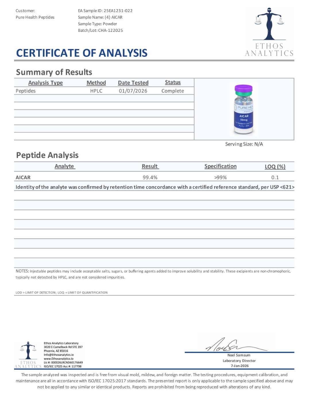 Evergreen_COA_344_50mg_AICAR-Lot-CHA-122025-GD9